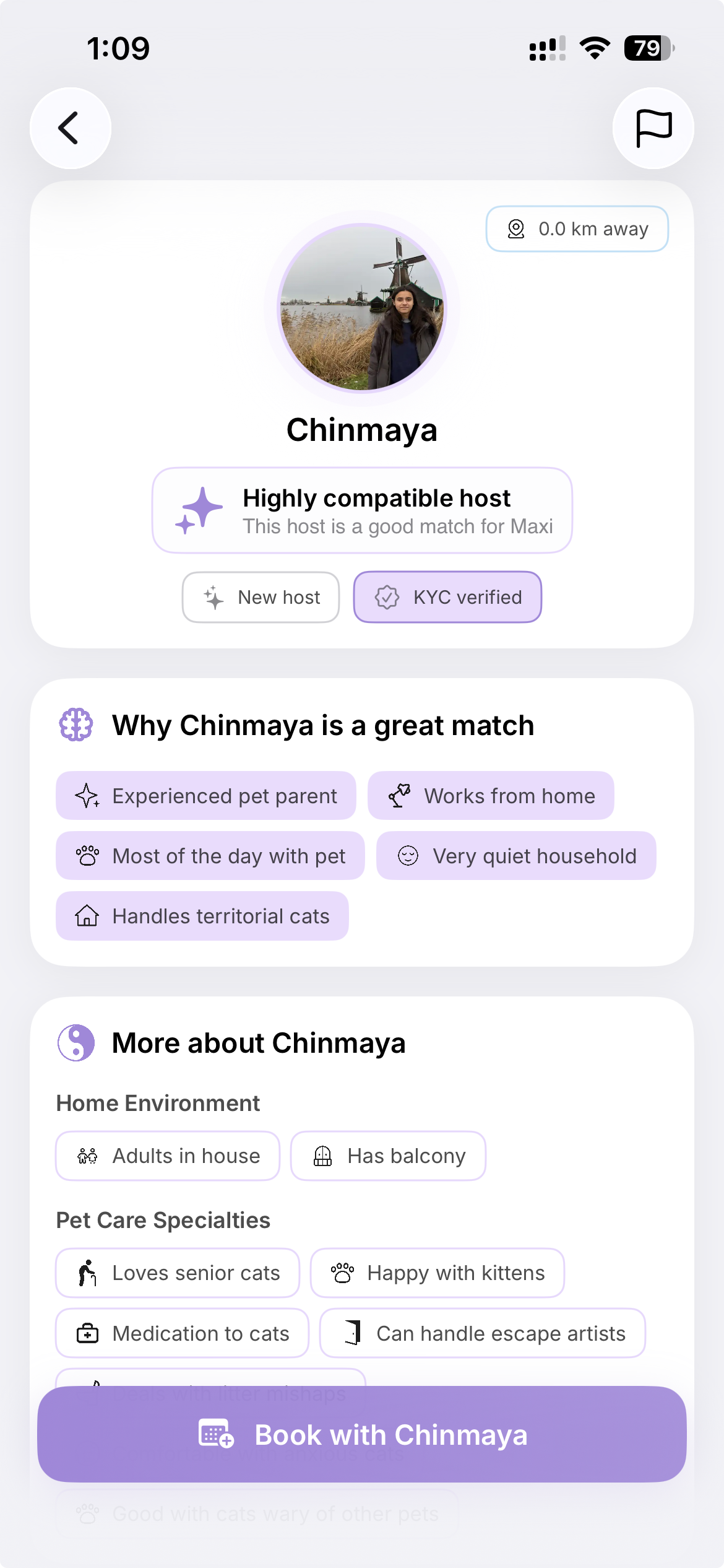 A PawSure host match showing the plain-language reasons the host fits this pet.