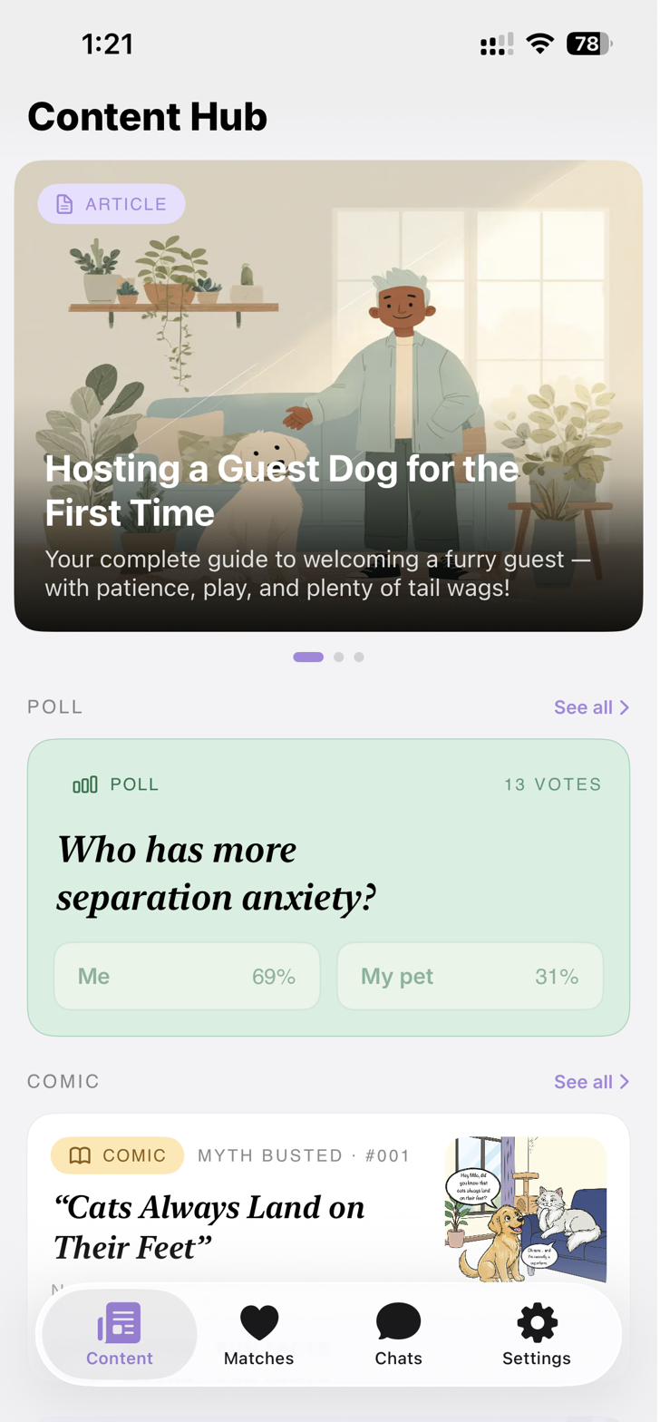The PawSure Content Hub with an article on hosting a guest dog, a poll and a myth-busting comic