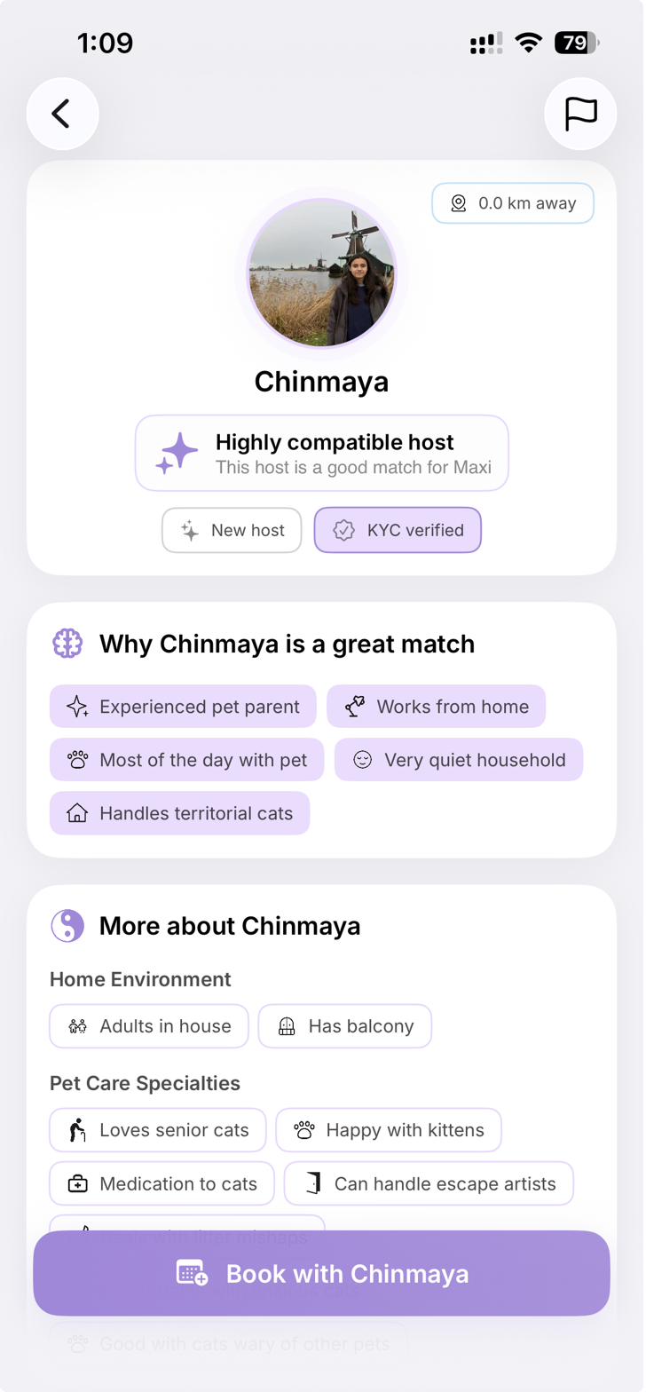 A PawSure host profile: a highly compatible host, KYC verified, with the reasons she is a great match